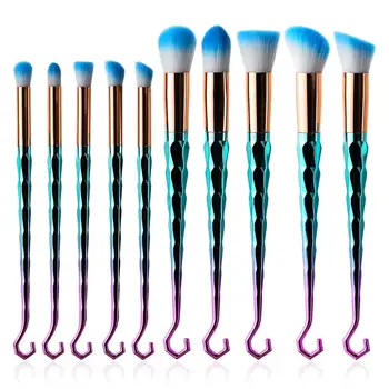 

10 PCS Cosmetic Brushes Set Pro Eye Shadow Loose Powder Foundation Makeup Brushes With Hook End Soft Nylon Hair
