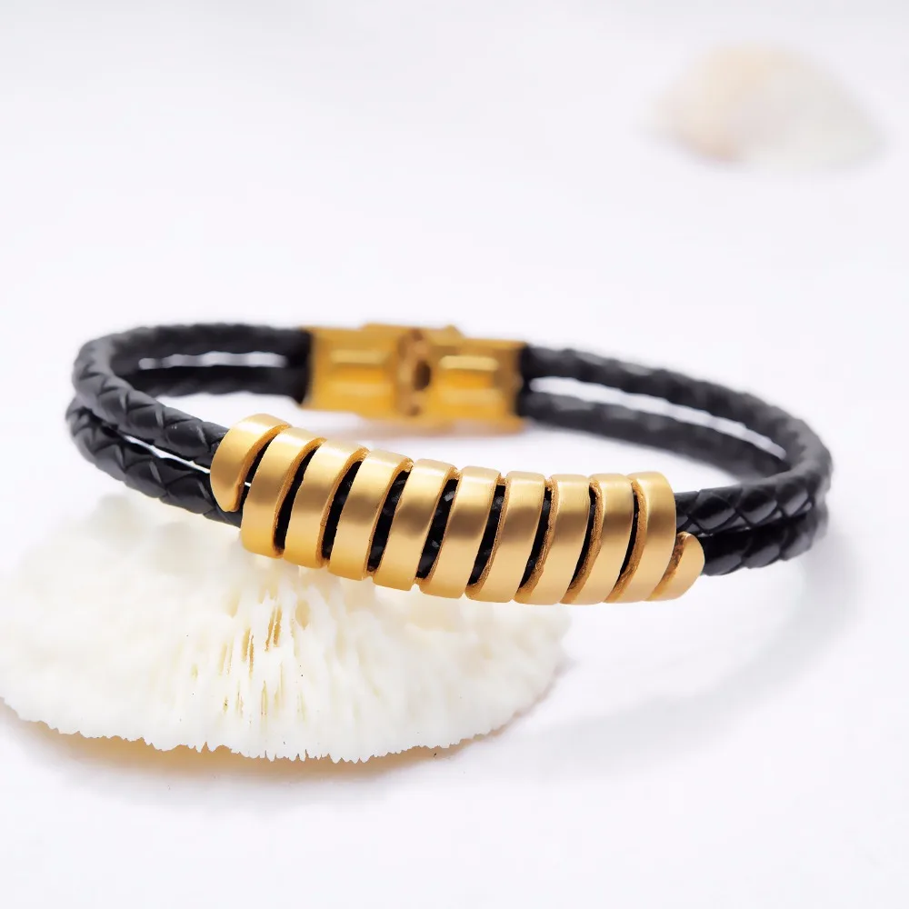 FATE LOVE Punk Male Men Statement Charm Bracelets Fashion Jewelry Gift Black PU Leather Wristlet Stainless Steel PH1286