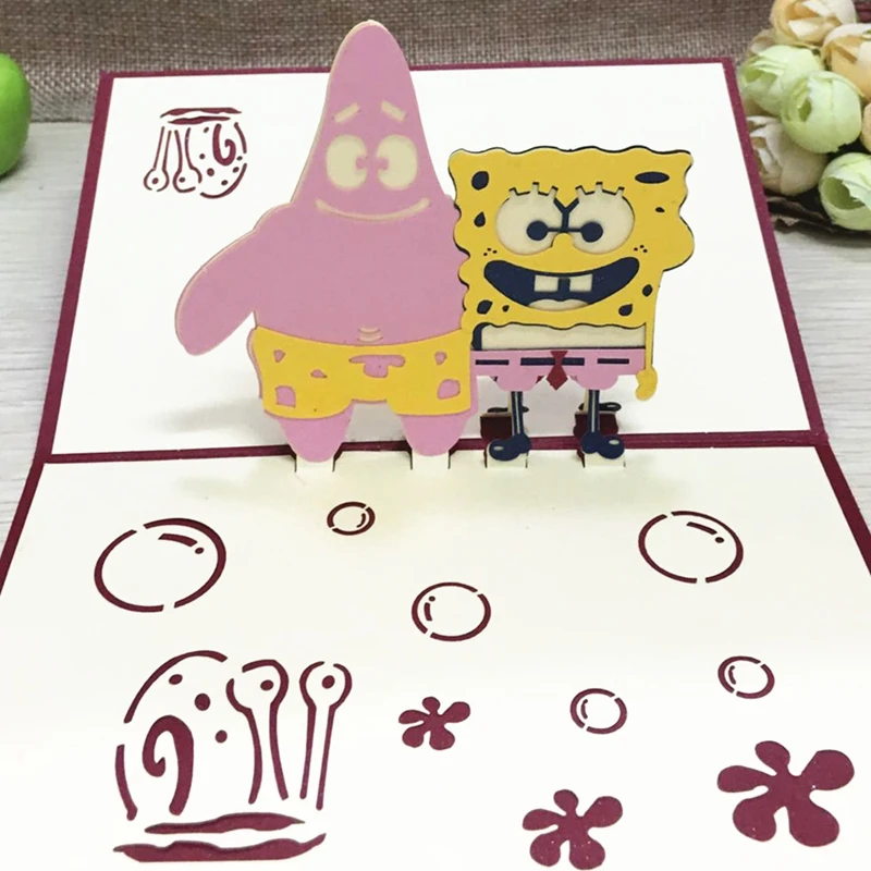 1pcs Sample Sponge baby Cute Handmade 3D Laser Cut Pop Up Krigami Greeting Cards Famouse Cartoon Design Kids Birthday Gifts (6)