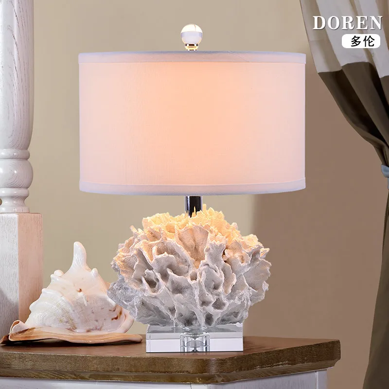 Настольная лампа в средиземноморском стиле с морским кораллом для гостиной, спальни, прикроватная Светодиодная настольная лампа, современная настольная лампа - Цвет абажура: Белый