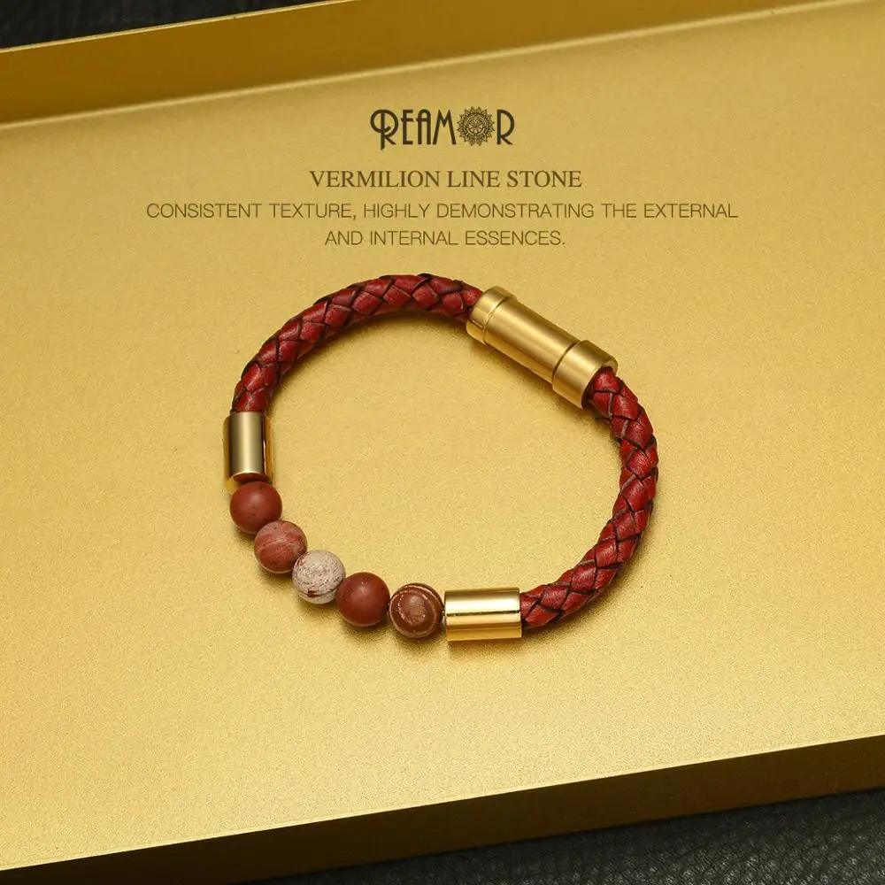 

REAMOR Rising Sun Series Red Natural Stone Bracelet Gold Stainless steel Embedded clasp Cowhide Braided Leather Bangles Pulseras