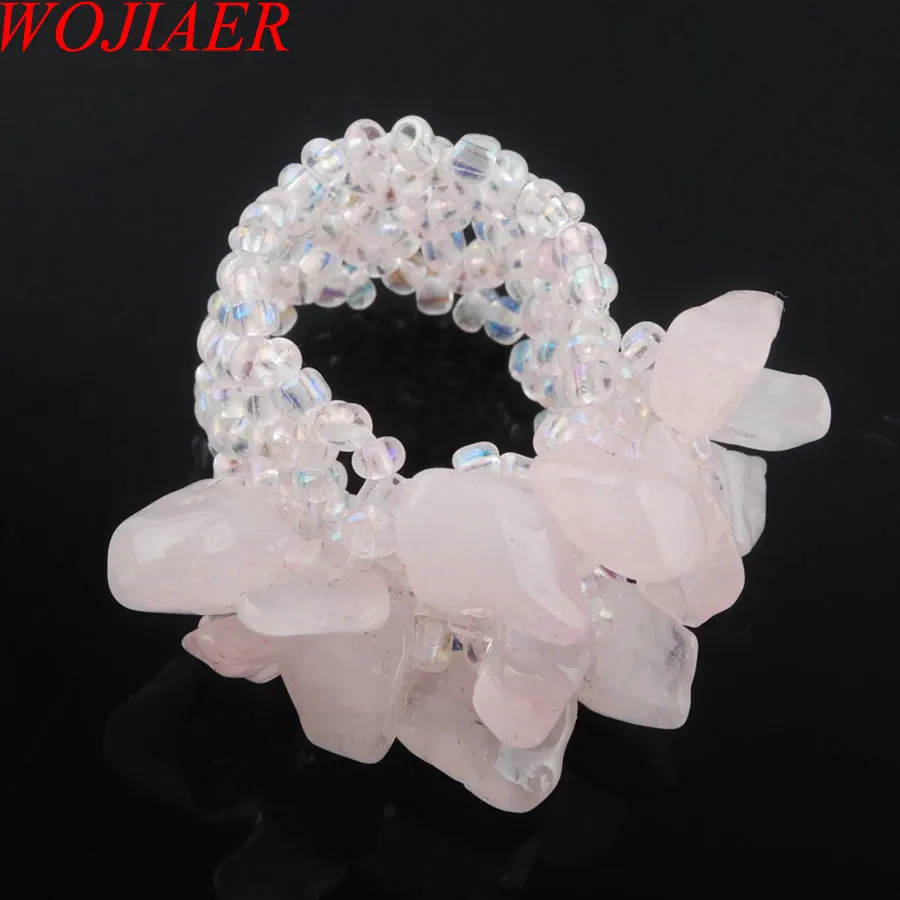 

WOJIAER Natural Irregular Gem Stone Ring For Lady Pink Rose Quartzs Stretch Austrian Finger Rings Jewellery PJ3021