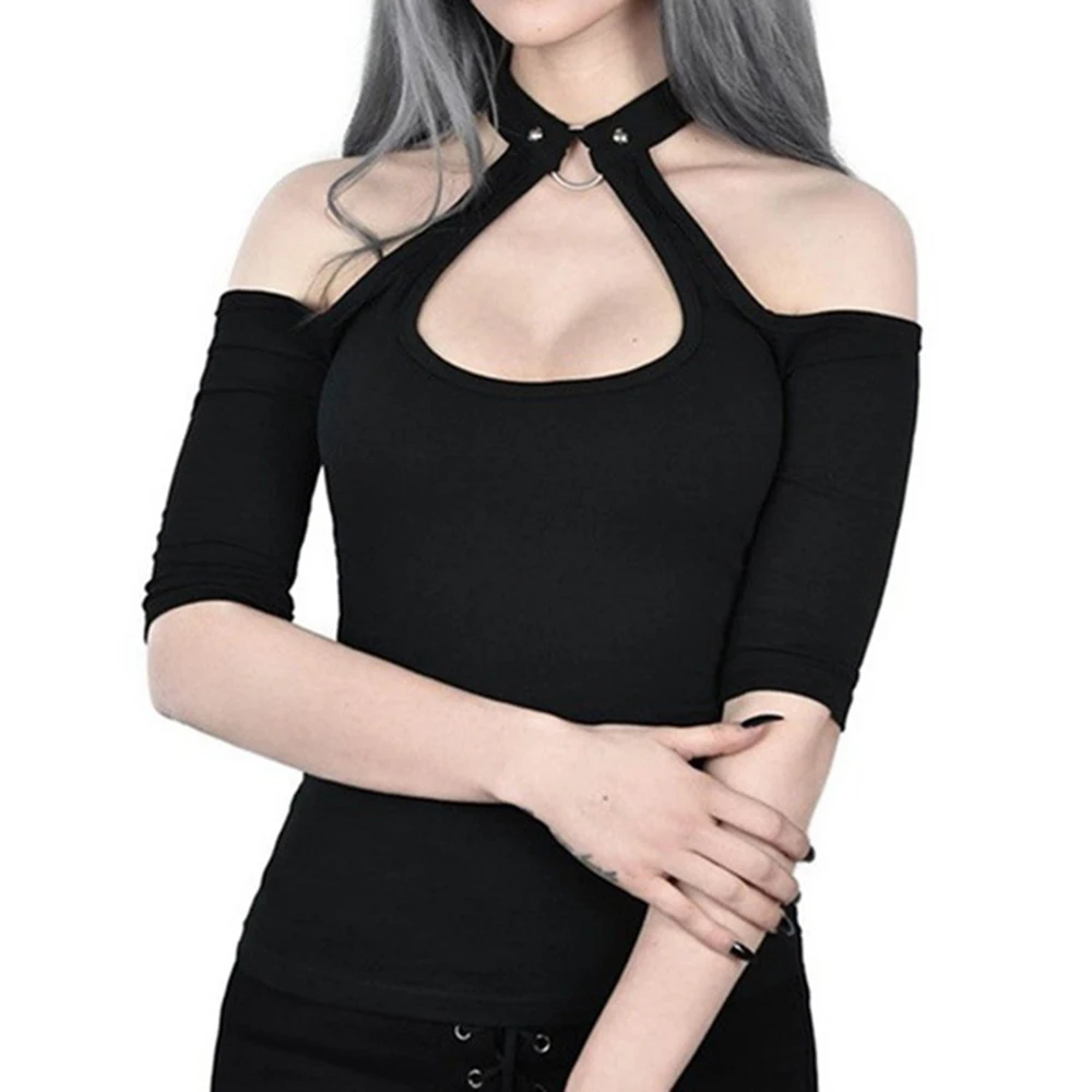 

Women Gothic Tops Cold Shoulder Halter Neck Chain Punk T-shirts Tops Female Sexy Black Halter Backless Slim Short T-shirt