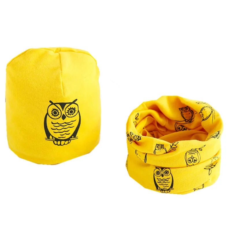 yellow owl Новые Хлопковые плюшевые шапки для девочек с шарфом Фрукты Сова-овца Звезды Львиная шапочка для мальчиков Детская шапка с шарфом и воротником Комплект хлопчатобумажной шапки для детей - Цвет: yellow owl