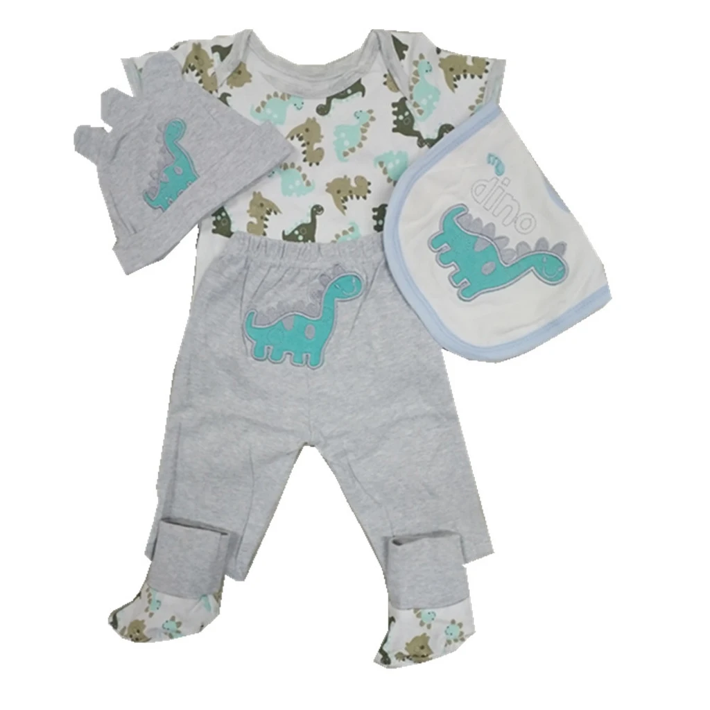 

Cartoon Dinosaur Printed Rompers Pants Bib Socks Hat Clothes for 22-23Inch Reborn Baby Boy Doll Complete Look Outfit