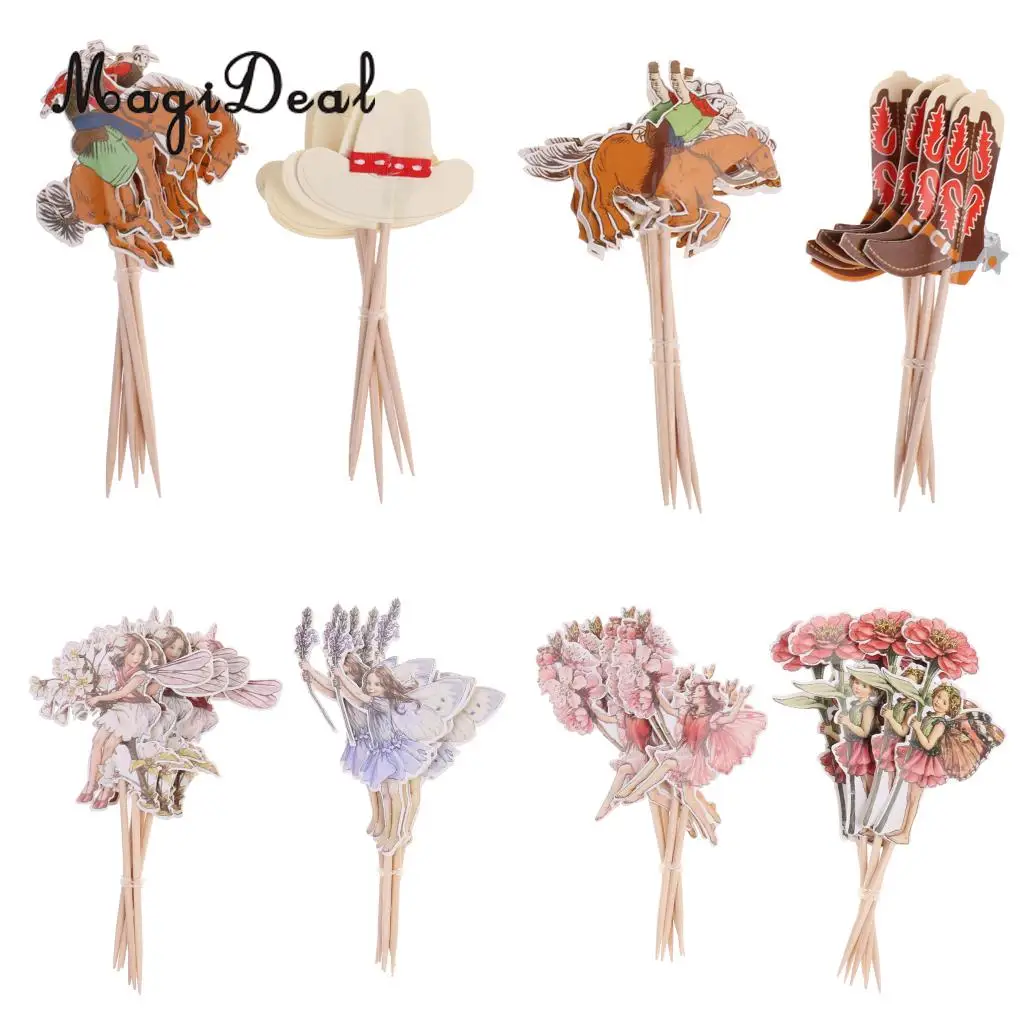 

48pcs/Set Flower Fairy Pixie Cowboy Cupcake Picks Toppers Party Cake Decoration