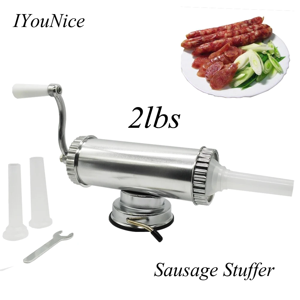 

2lbs Horizontal Manual Type Meat Sausage Stuffer making Machine Sausage Filler Salami Maker Fix Suction Filling Funnels 2lbs