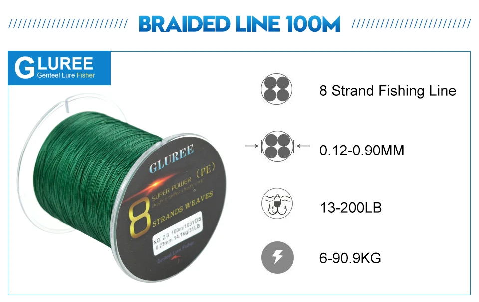 GLUREE 100M109Yards 8 Stands PE Line Braided Fishing Line 100% PE Multifilament Fishing Line Super Strong High Quality 13-200LB (11)