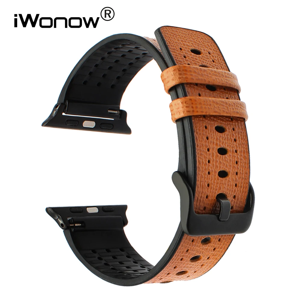 Genuine Calf Leather + TPU Rubber Watchband for iWatch Apple Watch 38mm 42mm Series 1 2 3 Wrist Band Steel Buckle Strap Bracelet | Наручные