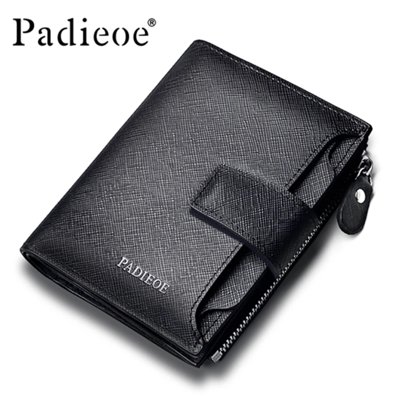 Padieoe new fashion mens wallet leather genuine luxury brand small wallet zipper short men's leather wallet with coin pocket