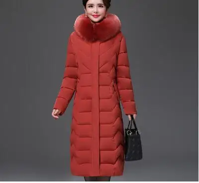Большие размеры, женские парки среднего возраста, зимняя куртка, тонкий теплый толстый хлопок, длинное пальто, ветрозащитное Женское пальто с меховым воротником и капюшоном, 5XL - Цвет: Brick red