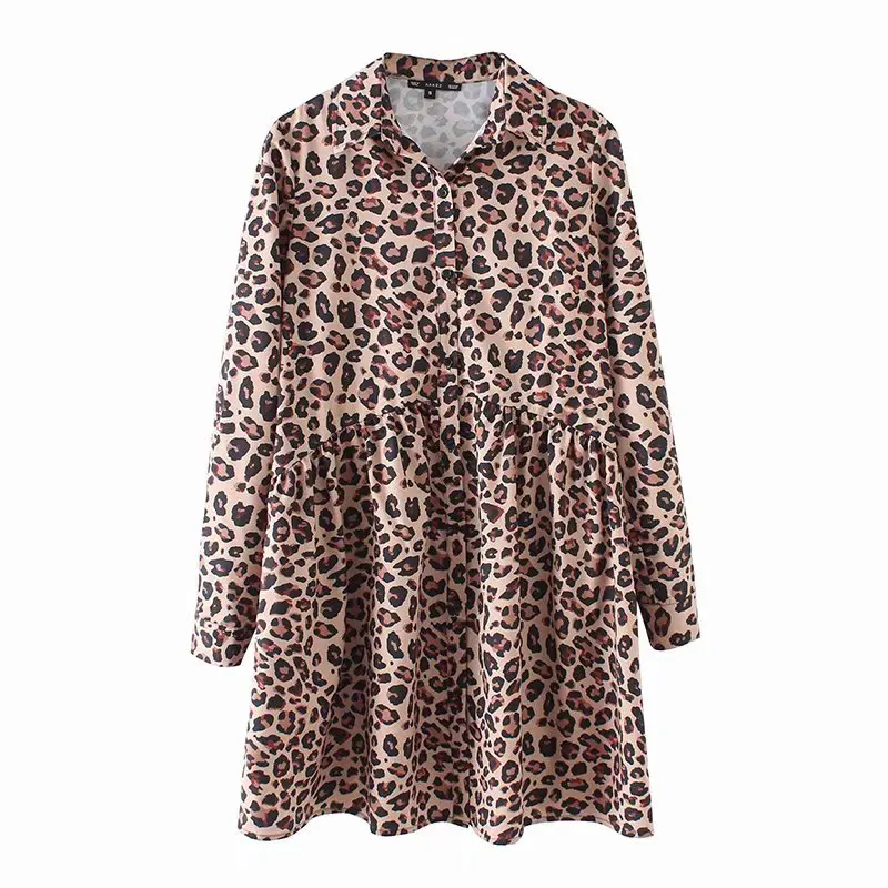 Женские винтажные Длинные рукава леопардовая расцветка shirtdress подол Складки