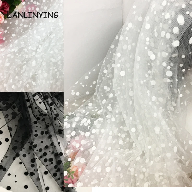 

High Quality Sweet Black White Tulle Mesh Lace Fabric Polka Dot Print Bridal Wedding Decoration Fabric DIY Handmade Curtain D535
