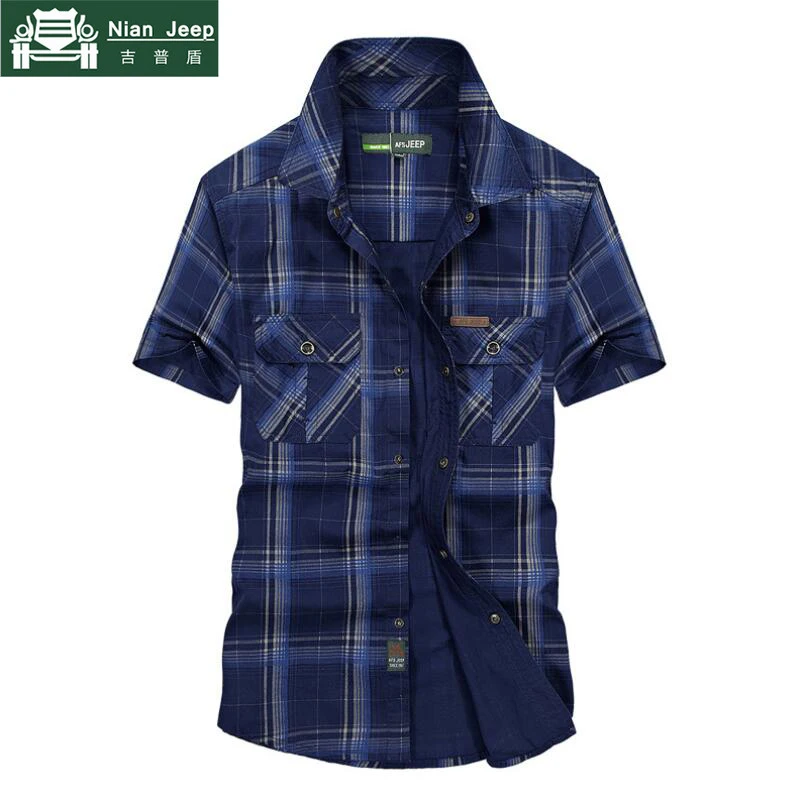  Brand Army Military Style Shirt Men 2018 Summer 100% Cotton Plaid Short Sleeve Mens Shirts Plus Siz