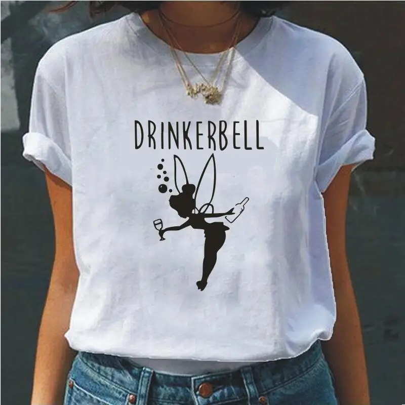 

Drinkerbell Cartoon Graphic Print T Shirt Women Fashion O-neck Plus Size White Black Tee Shirt Femme Hipster Funny Women T-shirt