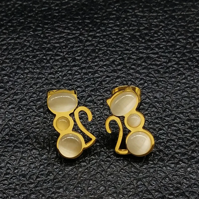 2018 moda gato ópalo pendientes de acero inoxidable collar mujeres oro Color joyería conjuntos juego de joyeria de acero gato 178554