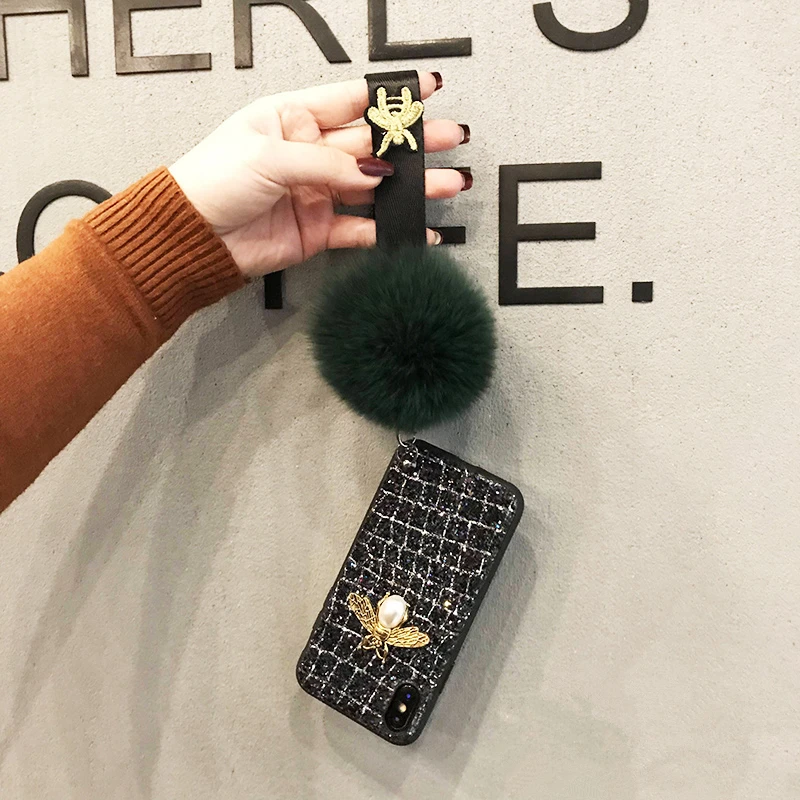 Aoweziic Mobile phone shell fox fur ball For iphone X XS MAX XR female lanyard 6S tide brand 7P 8Plus Glitter diamond Milu deer