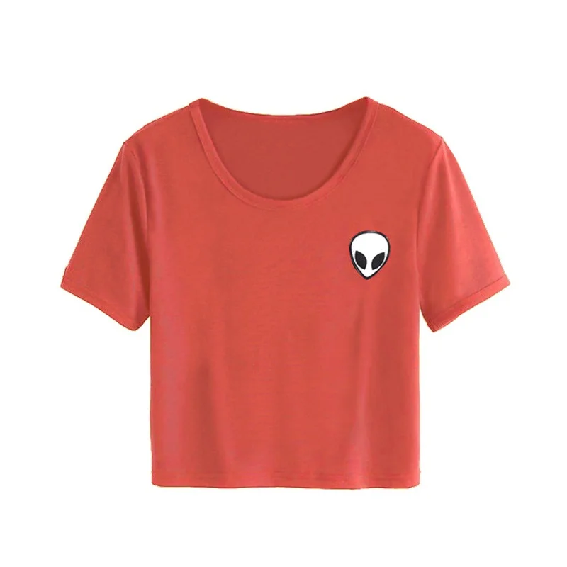 Женские летние футболки с короткими рукавами для молодых девушек, повседневный укороченный топ, принт пришельцев, женская футболка - Цвет: O