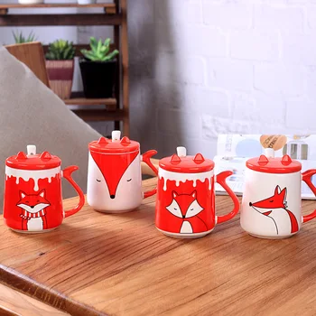 

Cute Cartoon Fox Animal Ceramics Mug With Cover Teaspoon Teacup Coffee Milk Tea Mug Tasse Cafe Home Drinkware Free Shipping