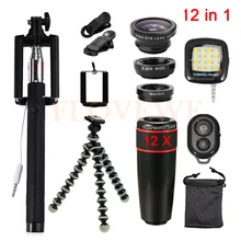 Universal Clips 12in1 Lens kit 12x Telephoto Lenses Fisheye Wide Angle Macro Lens For iPhone 6 6s 7 8 Smartphone Mobile Tripod