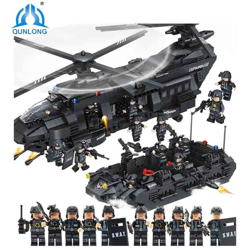 

Qunlong Large Building Blocks Sets SWAT Team Transport Helicopter Compatible Legoings City Police Gift Toys for Children Kids