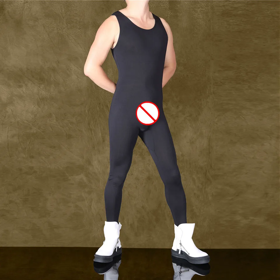 Сексуальный шелковый однотонный комбинезон для мужчин, Lien Yoga, бодибилдинг, фитнес, без рукавов, Облегающий комбинезон, трико, черный спортивный костюм - Цвет: Черный