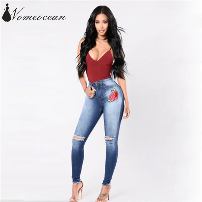 Open Knees Cut Out Floral Applique Women Jeans 2018 Spring High Waist