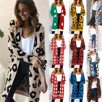 

2018 New Women Casual Long Knitted Cardigan Autumn Winter Ladies Loose Coat Leopard Pocket Design Sweater Open Stitch Jacket