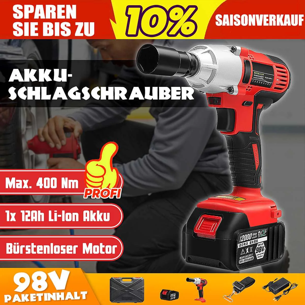 

Electric Wrench 98V Lithium-Ion Cordless Impact 400Nm Wrench Brushless Motor Power Wrench Tools