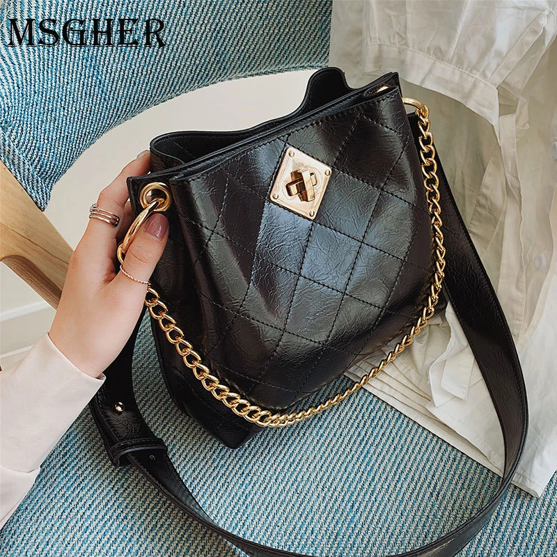 

MSGHER Women Bucket Bags Luxury Korean Brand Lattice PU Leather Shoulder Bag Fashion Color Stitching Messenger Chain Bags
