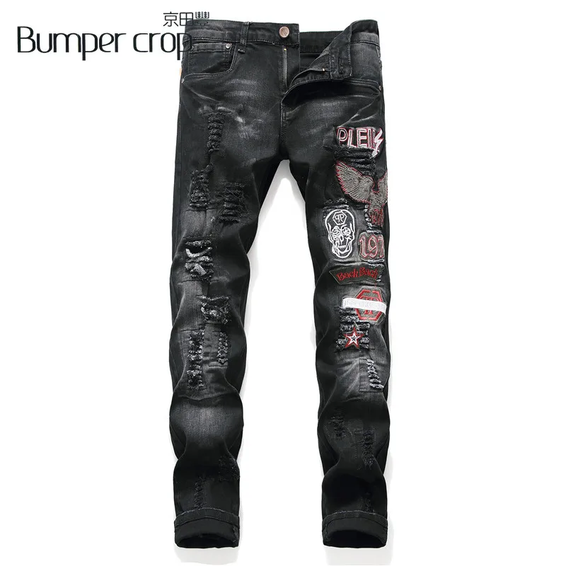 

BUMPERCROP embroidery jeans skinny men carton denim for men raw classic men straight rock pants heavy metal cool jeans for man