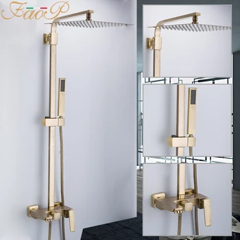FAOP Shower system gold bathroom shower sets brass waterfall shower heads faucet for bathroom mixer luxury rainfall faucets shower faucets bathroom cabin showerhead top spray raining faucet brass shower sets gold home decoration the mixer crane oyd008r