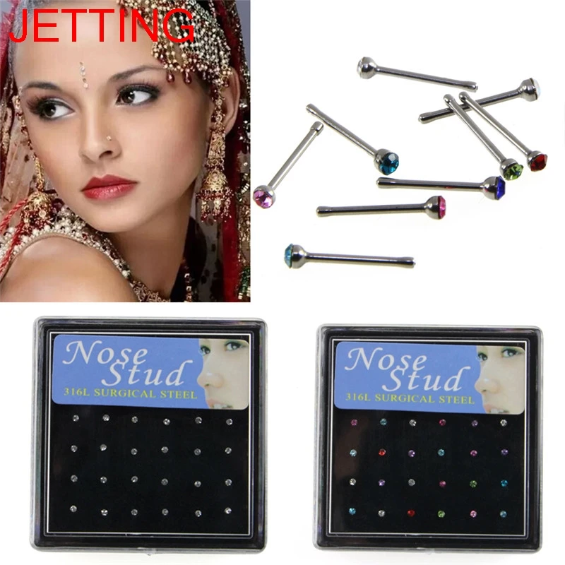 24Pcs Crystal Rhinestone Stainless Steel Nose Ring Body Piercing Bone