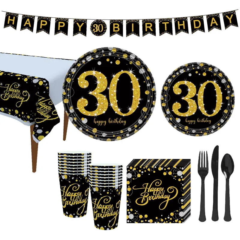 Gold Black Happy Birthday Bunting Banner Tableware Paper Cup Plate Napkins for 21 30 40 50 60 Birthday Party Decoration Supplies