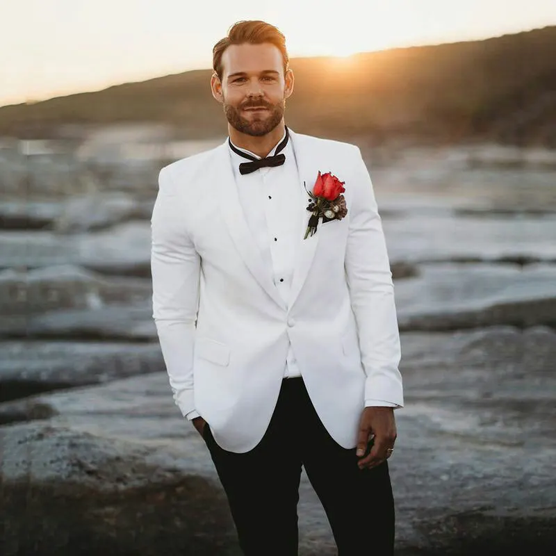 Summer Beach White Groom Tuxedos Men Suits For Wedding 2019 Man Blazer Shawl Lapel 2piece Slim Fit Costume Homme Terno Masculino