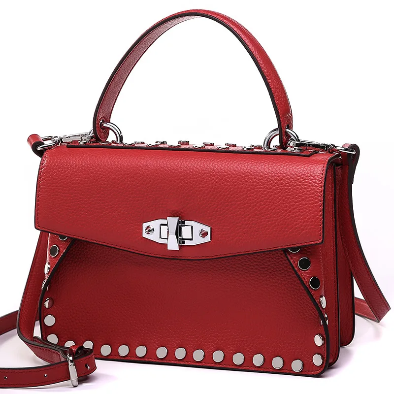 Newest Genuine Leather Rivet Handbags Women High Quality Shoulder Bags