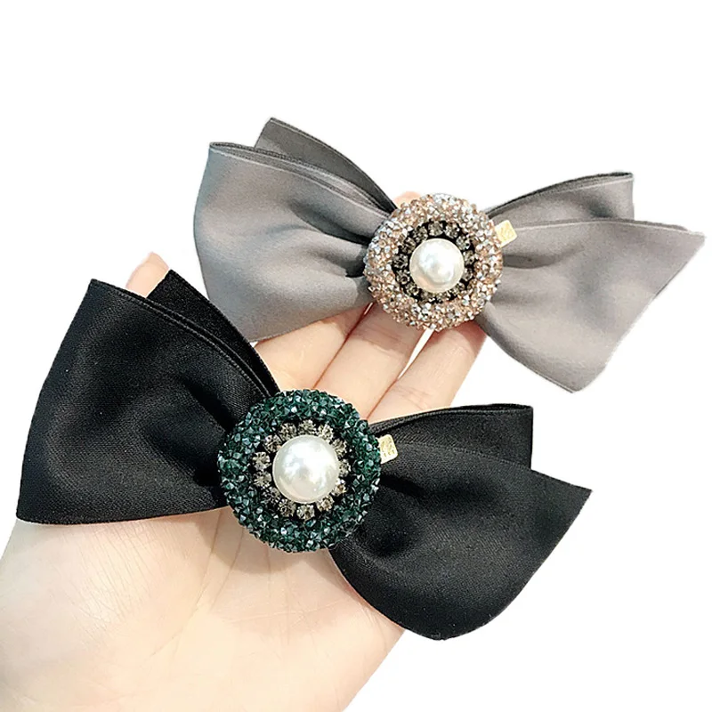 Crystal diamond hair clip big bow hairpin spring clips pearl flower