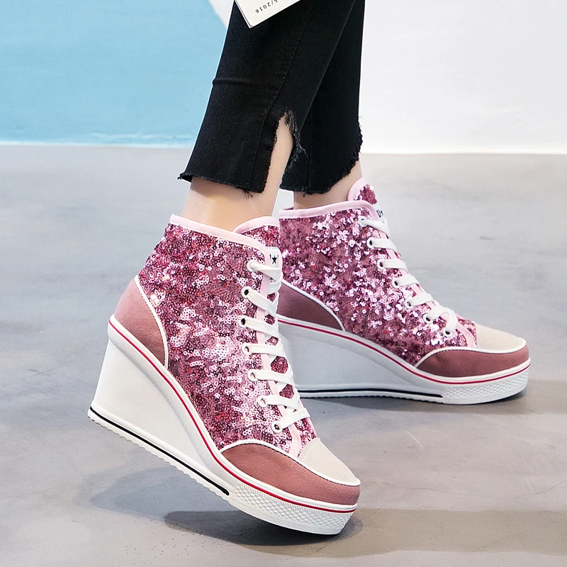 Женская обувь; сезон весна-осень; цвет розовый, черный, серебристый; блестящая Вулканизированная обувь; женские кроссовки на танкетке; Повседневная обувь; Zapatos De Mujer - Цвет: pink glitter shoes