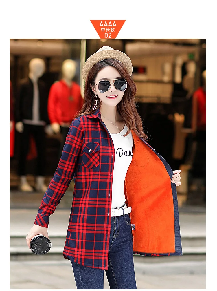 womens shirts Velvet Thick Warm Women's Long Plaid Shirt Female Full Sleeve Tops M-XXXL Winter Check Blouse Blusas Femininas Chemise Autumn off the shoulder shirts & tops