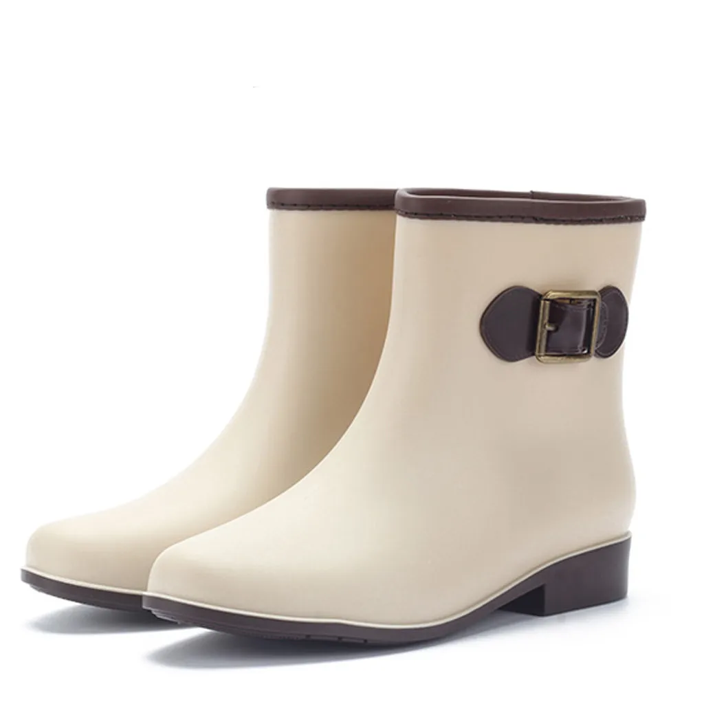 

Fashion short Booties Women Low-Heeled Buckle Round Toe Boots autumn Waterproof Middle tube Rain Shoe beige Bota Feminina