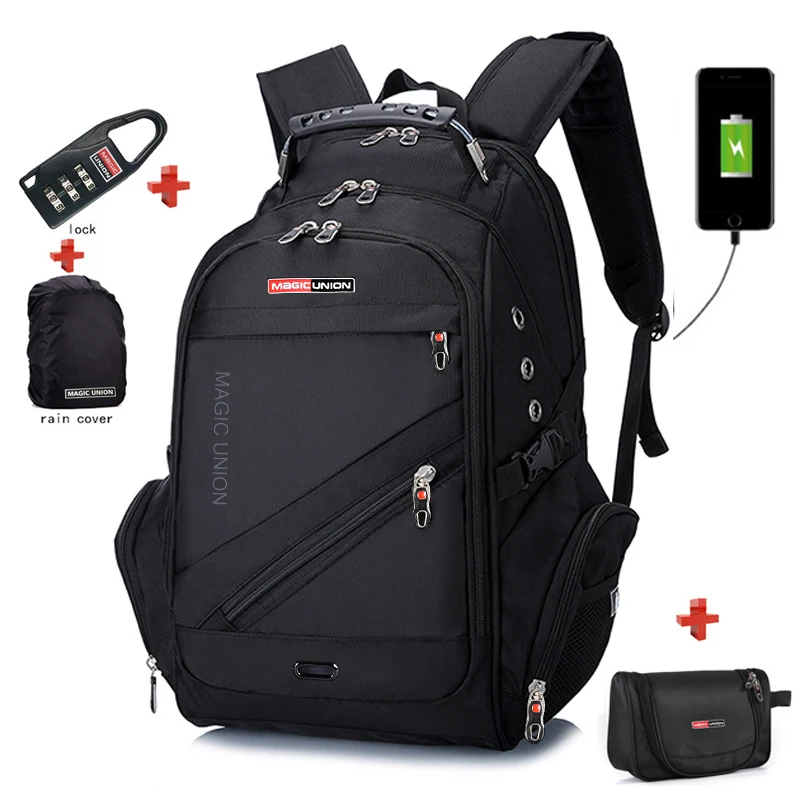 

BAIJIAWEI Men External USB Charging Laptop Backpacks Anti-theft Bags Waterproof Travel Backpack with Lock & Raincover