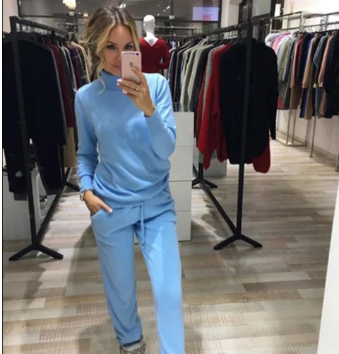 

2018 Tracksuit Winter Cashmere Two Piece Set Female High-necked Sweater + Pants 2 Piece Set Women