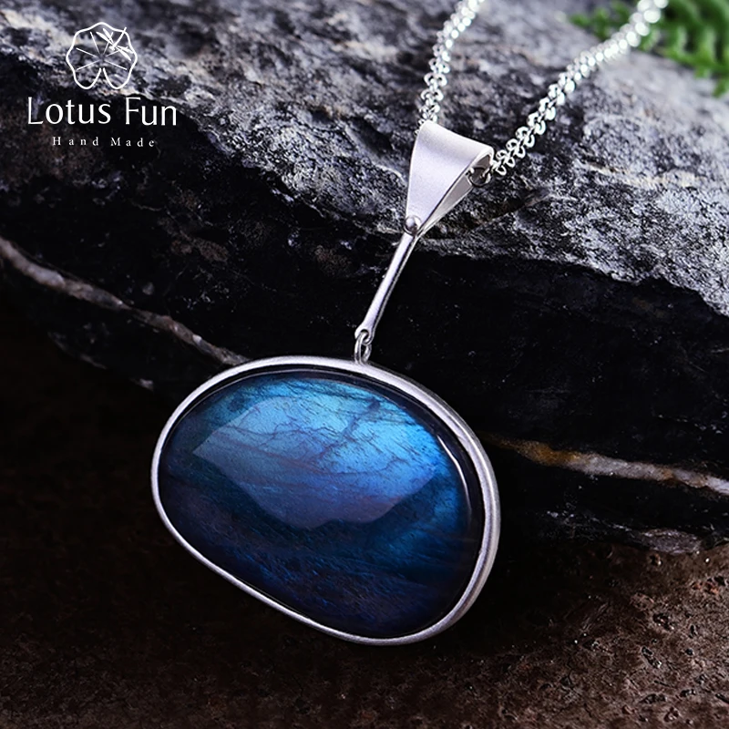 Lotus Fun реальные стерлингового серебра 925 натуральный Лабрадорит ручной работы Fine Jewelry озеро слезы кулон без Цепочки и ожерелья Для женщин