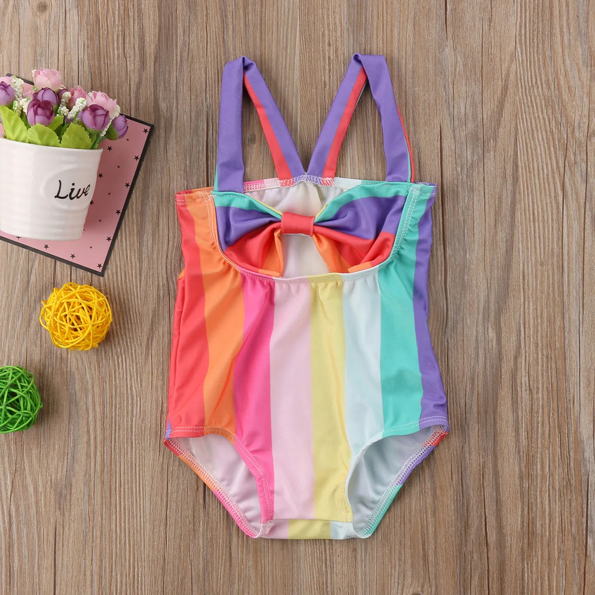 Baby Girl Rainbow Swimsuits Bikini Halter Bathing Suit Bow Colorful Striped Swimwear for Toddler