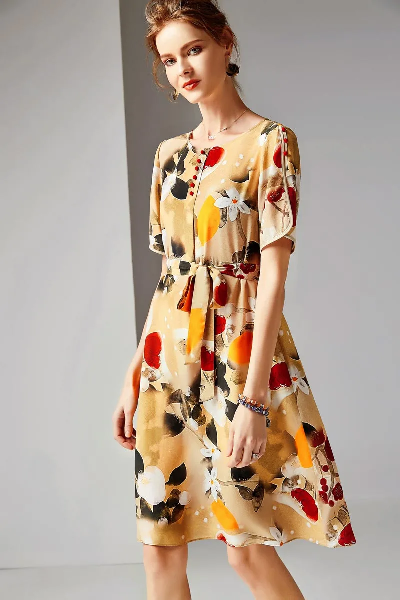 Натуральный шелк Женская взлетно посадочной полосы платье с круглым вырезом Рубашка короткими рукавами Пояс кушак печатных элегантны - Цвет: Многоцветный