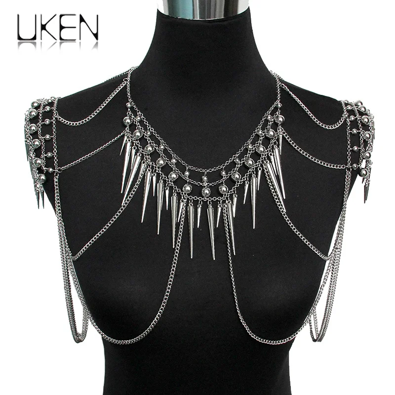 Женское многослойное ожерелье цепочка с подвеской заклепкой|shoulder necklace|multi layered