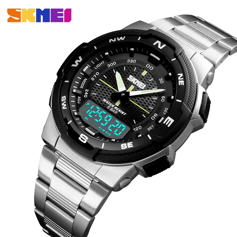 

SKMEI 1370 50m Waterproof Man Digital Quartz Wrist Watches Week Display El Light Men's Sport Watches Stainless Steel Watchband