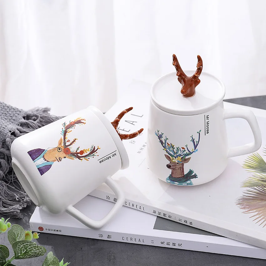 Креативные керамические чашки с изображением рога в скандинавском стиле с крышкой, кружки с рисунками из мультфильмов, кружки для влюбленных, кружки для кофе, милые молочные кружки, рождественские кружки