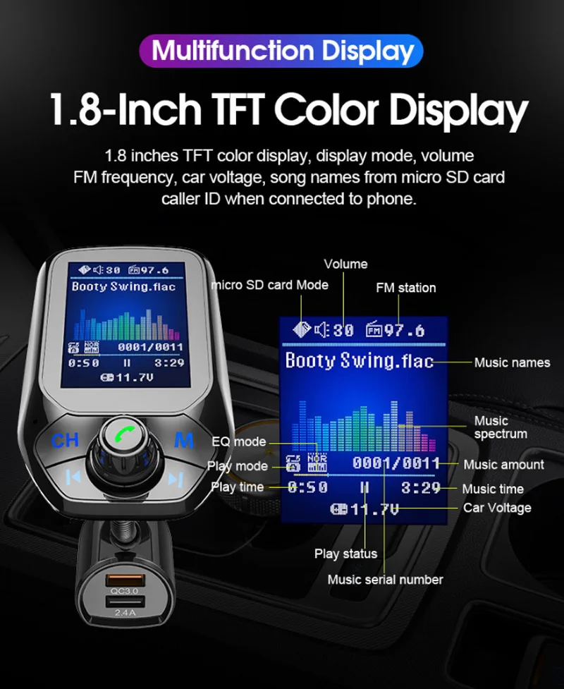 T43 1," на тонкопленочных транзисторах на тонкоплёночных транзисторах Цвет Дисплей Bluetooth автомобильный набор, Handsfree, набор с 3 портами(стандарт Порты и разъёмы QC3.0 Быстрая зарядка FM передатчик MP3 музыкальный плеер