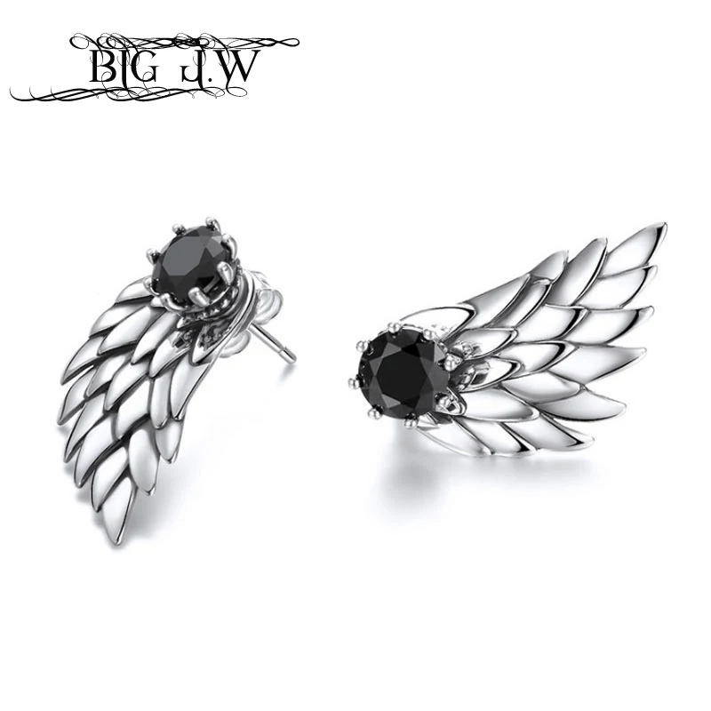 

BIG J.W Punk Earrings Vintage White Black Zircon Clear Feather Fine Jewelry 925 Silver Jewelry Wings Stud Earrings For Women